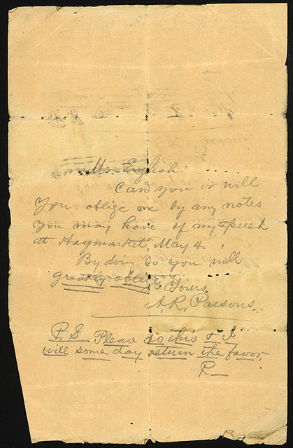 Albert Parsons, letter to Mr. English