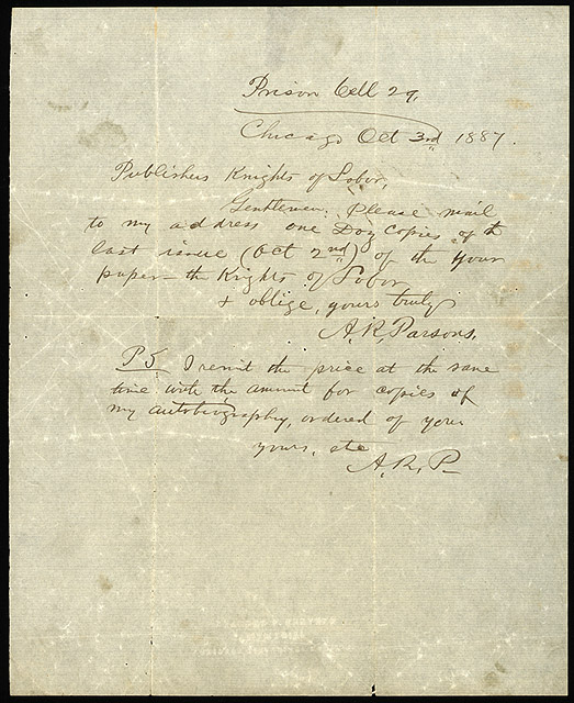 Albert Parsons, letter to the Knights of Labor