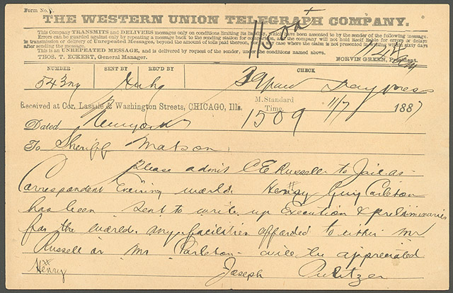Telegram to Sheriff Canute Matson from Joseph Pulitzer