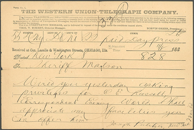 Telegram to Sheriff Canute Matson from Joseph Pulitzer