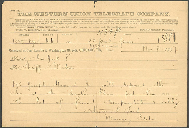 Telegram to Sheriff Canute Matson from Chester S. Lord