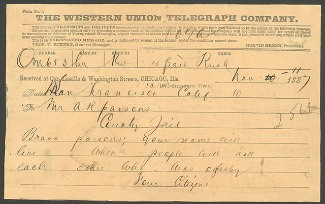 Telegram to A. R. Parsons from Four Citizens
