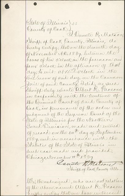 Certification of Execution for Albert R. Parsons by Sheriff Canute Matson