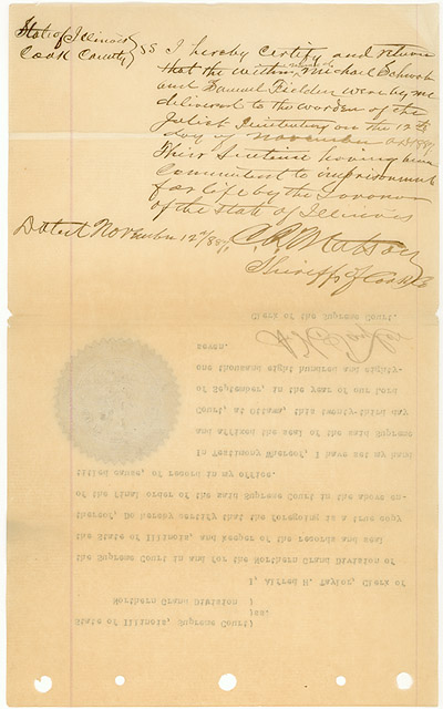 Certification of delivery to Joliet Prison of Samuel Fielden and Michael Sch