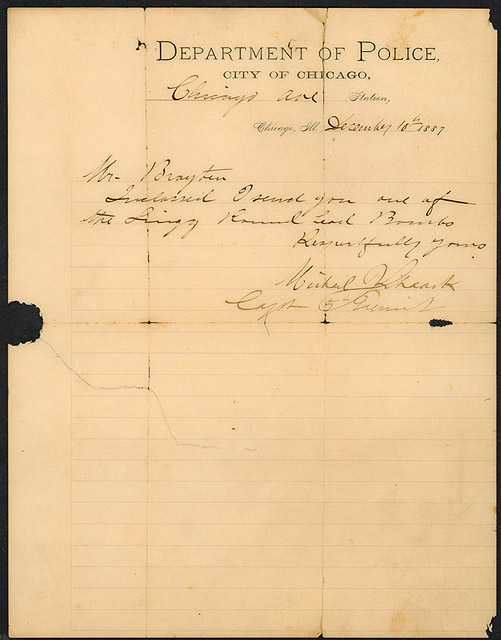 Captain Michael Schaack, letter to J. H. Brayton